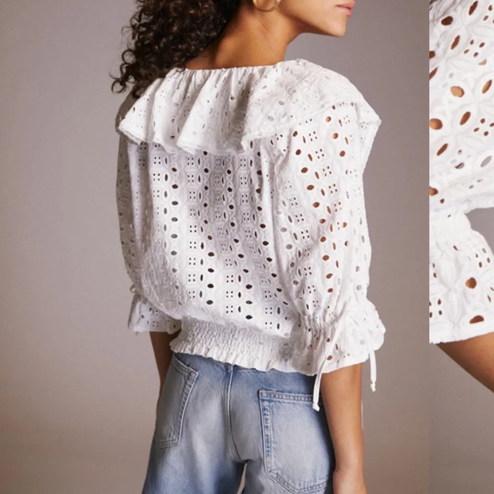Anthropologie White Eyelet Ruffle Blouse